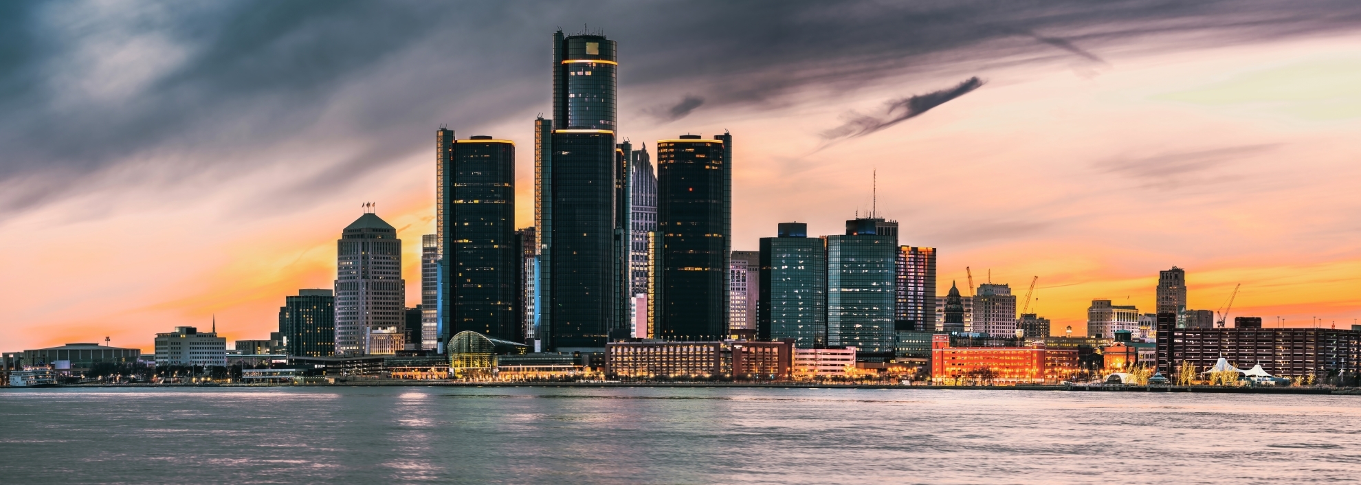 Detroit city skyline at dusk