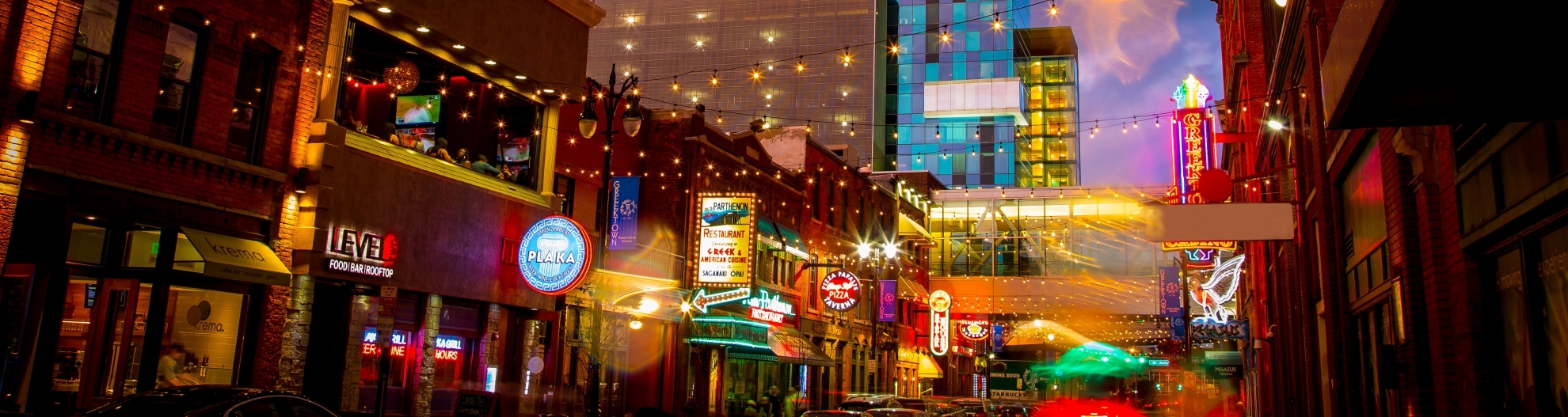 Greek town in downtown Detroit at night